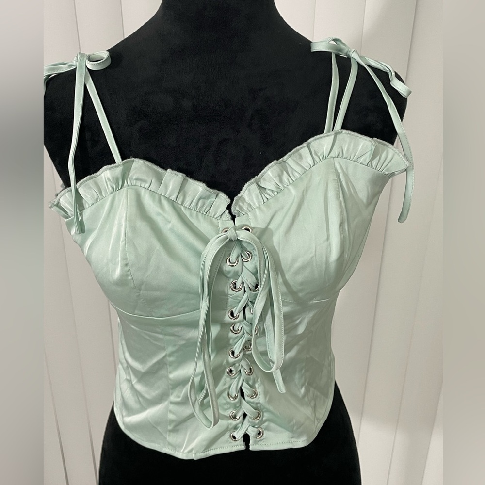 CURRENT MOOD Anything Could Happen Lace Up Ruffle Bustier Tank Top Mint Green M - Picture 5 of 11